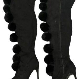 New in Box-Cape Robbin Size 8-Black GiGi Faux Fur Pom Pom Thigh High Heel Boots